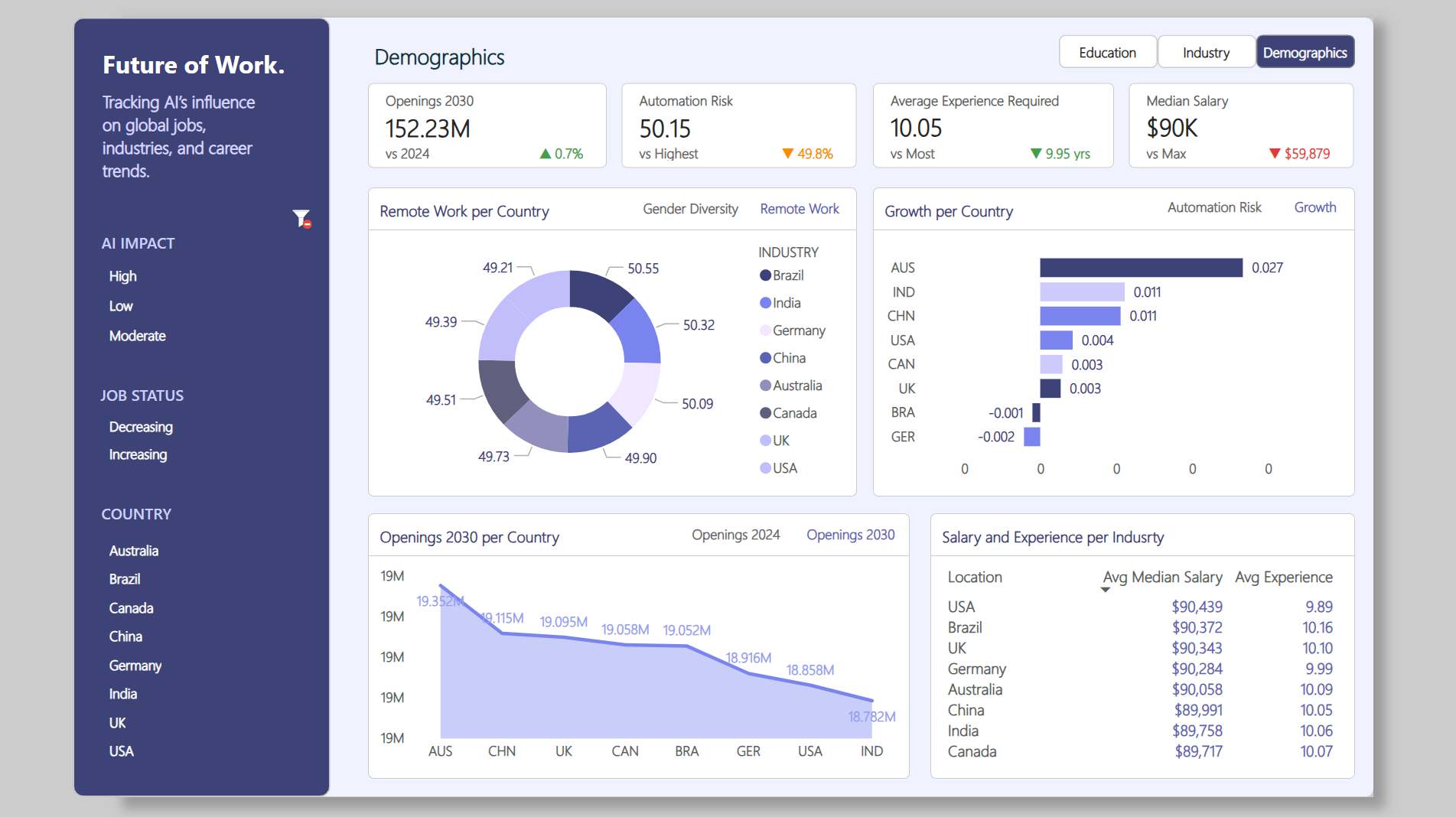Power BI dashboard page showing demographic and geographic breakdowns of the role set.